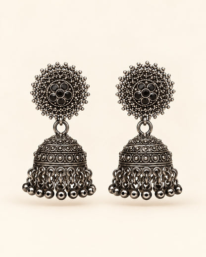Antique Dome Oxidised Jhumka Earrings - photo 1