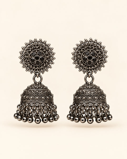 Antique Dome Oxidised Jhumka Earrings - photo 1