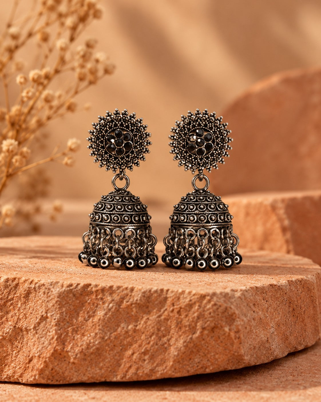 Antique Dome Oxidised Jhumka Earrings - photo 4