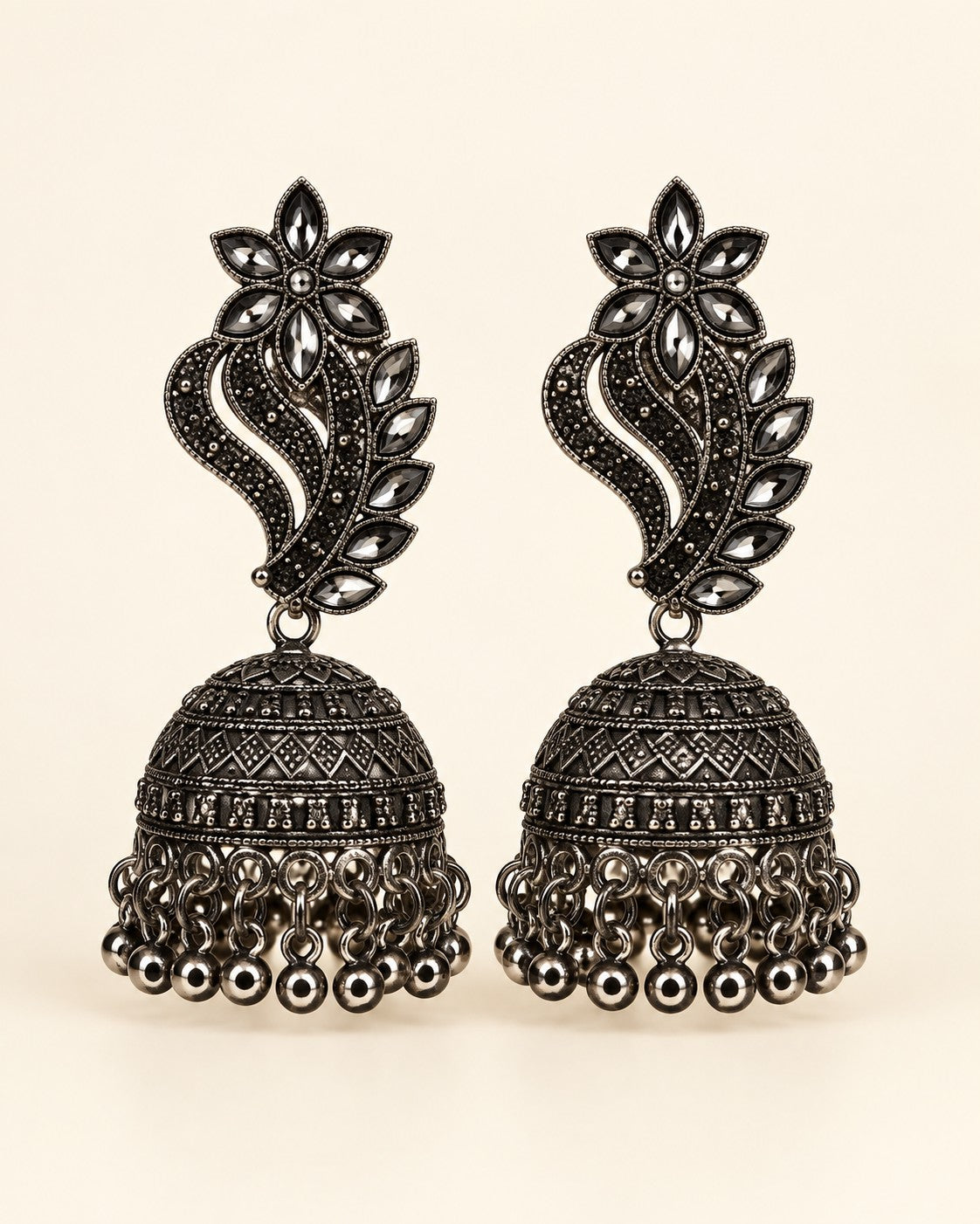 Elegant Floral Oxidised Jhumka Earrings - photo 1