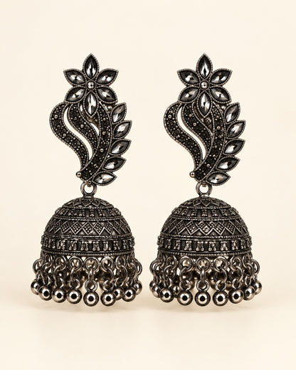 Elegant Floral Oxidised Jhumka Earrings - photo 1