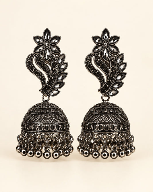 Elegant Floral Oxidised Jhumka Earrings - photo 1