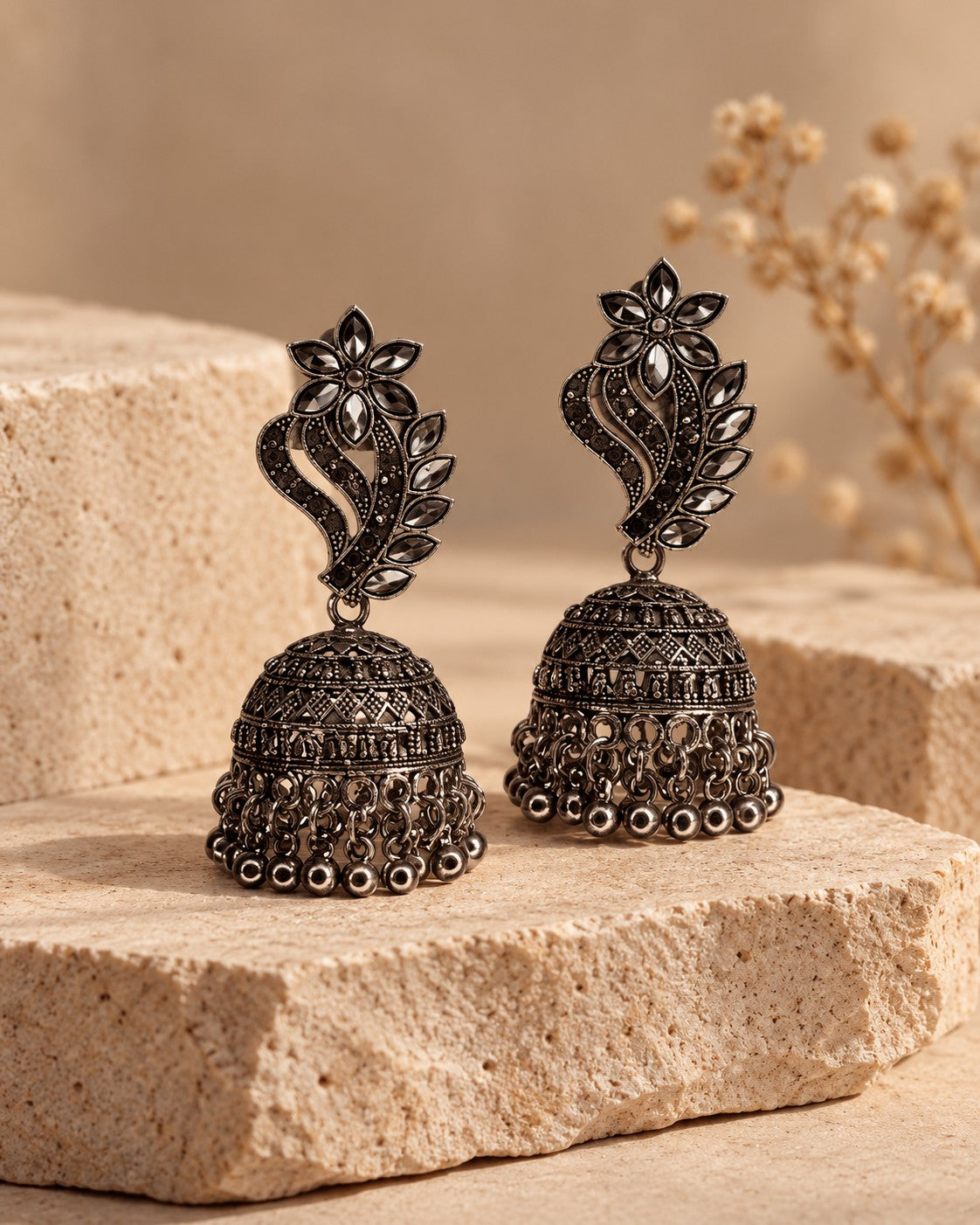 Elegant Floral Oxidised Jhumka Earrings - photo 3