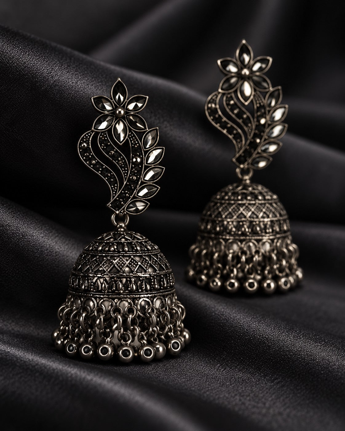 Elegant Floral Oxidised Jhumka Earrings - photo 5