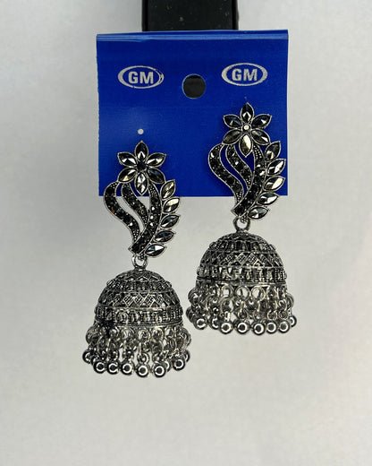 Elegant Floral Oxidised Jhumka Earrings - actual product photo