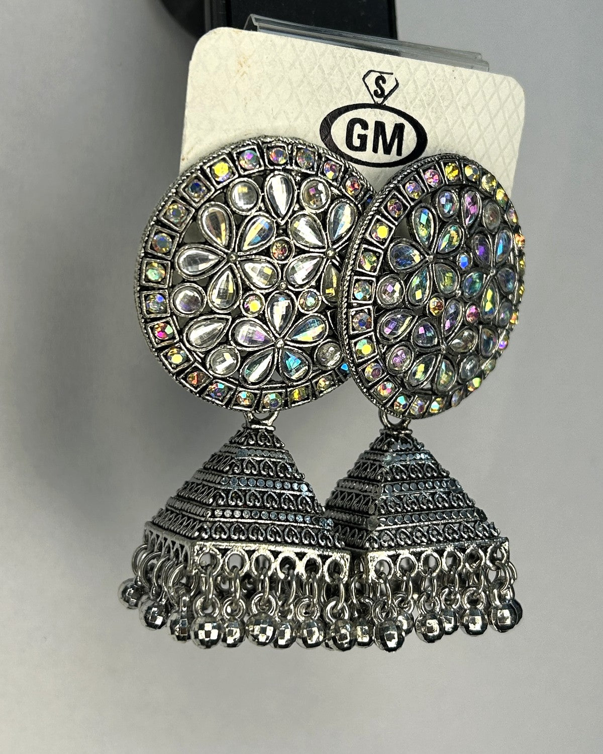 Round Kundan Oxidised Jhumka Earrings - actual product photo