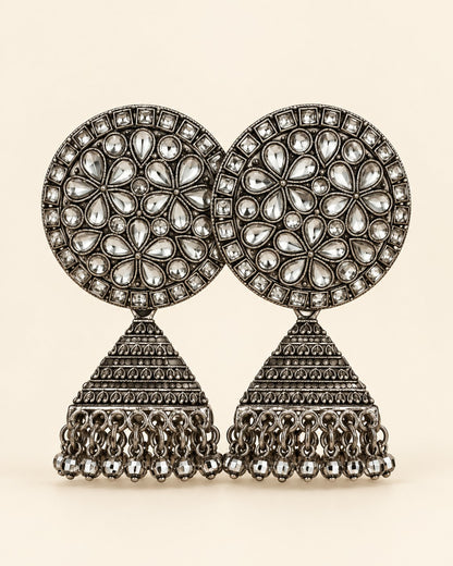 Round Kundan Oxidised Jhumka Earrings - photo 1