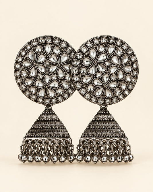 Round Kundan Oxidised Jhumka Earrings - photo 1