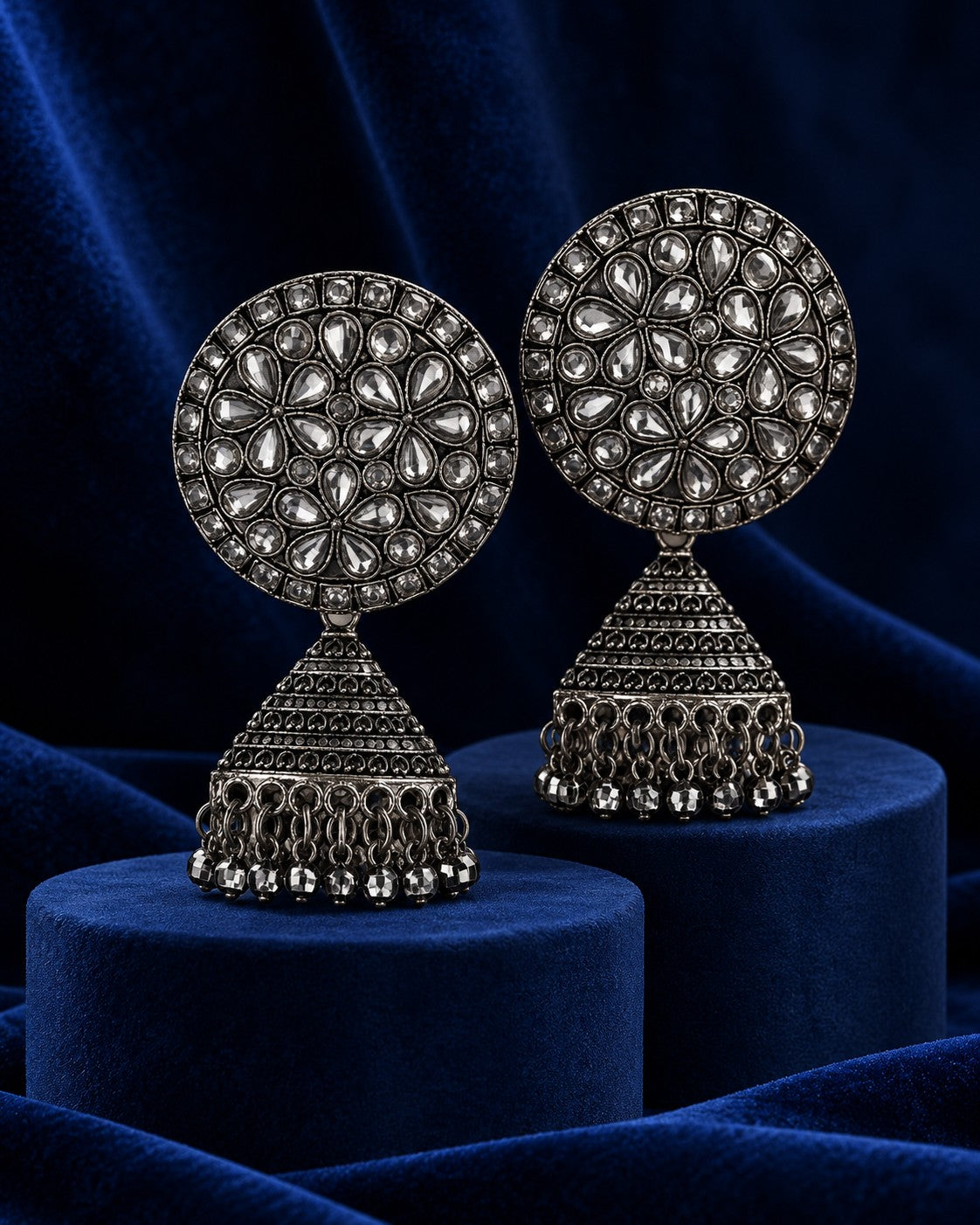 Round Kundan Oxidised Jhumka Earrings - photo 2