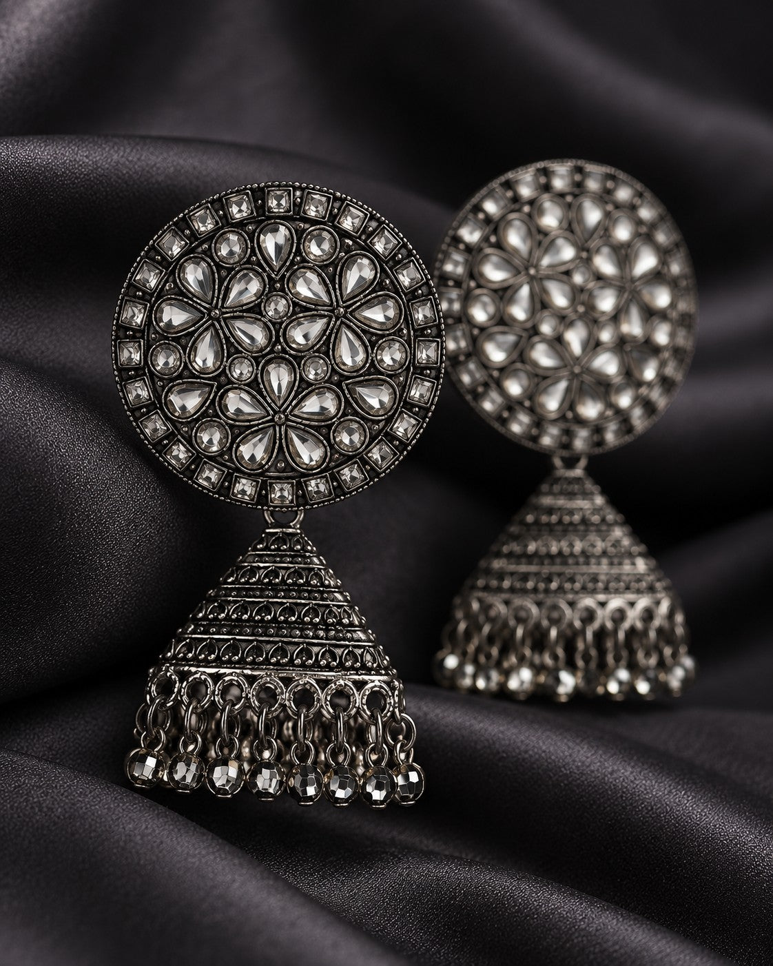 Round Kundan Oxidised Jhumka Earrings - photo 3