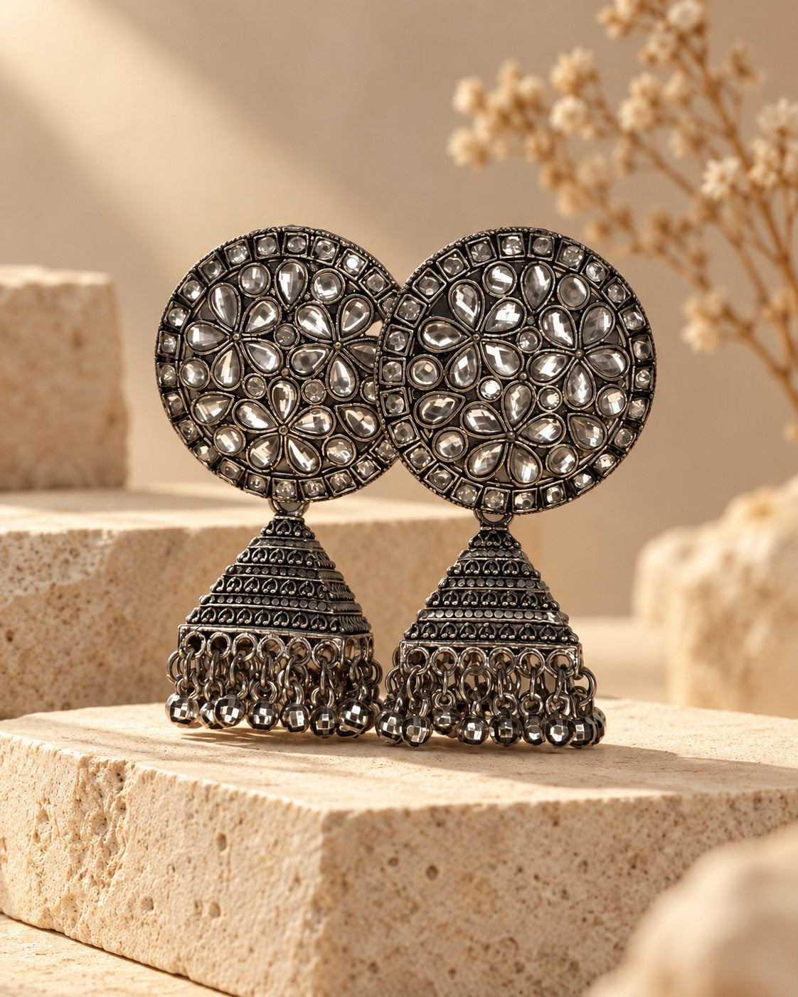 Round Kundan Oxidised Jhumka Earrings - photo 4