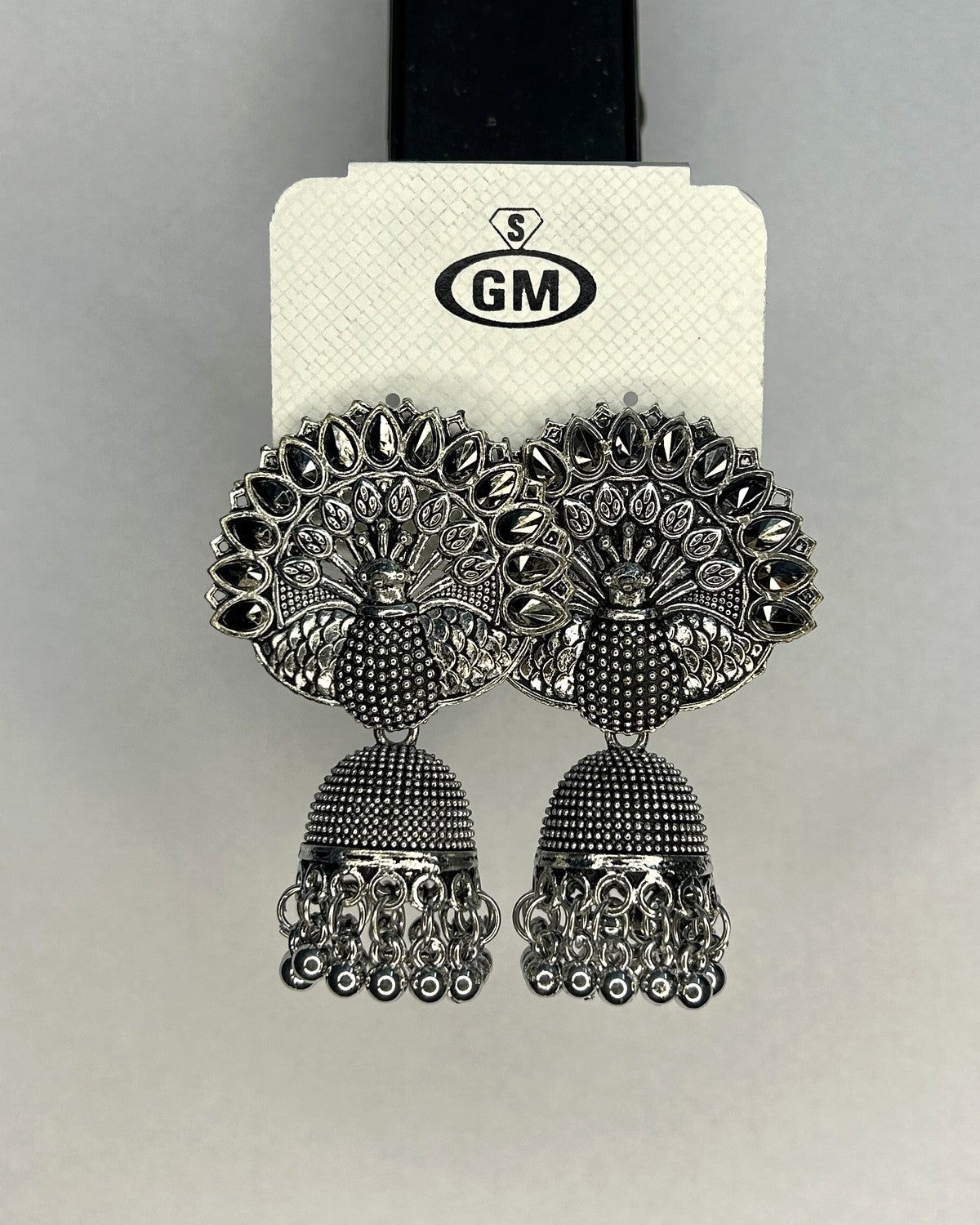 Peacock Oxidised Jhumka Earrings - actual product photo