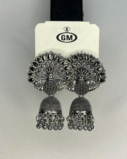 Peacock Oxidised Jhumka Earrings - actual product photo