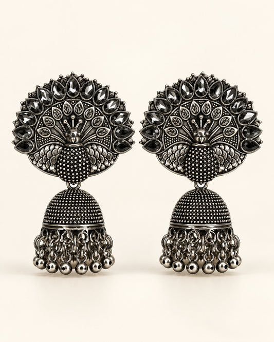 Peacock Oxidised Jhumka Earrings - photo 1