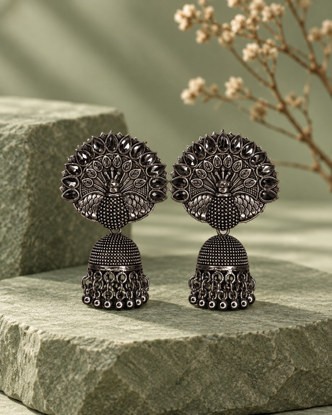 Peacock Oxidised Jhumka Earrings - photo 4