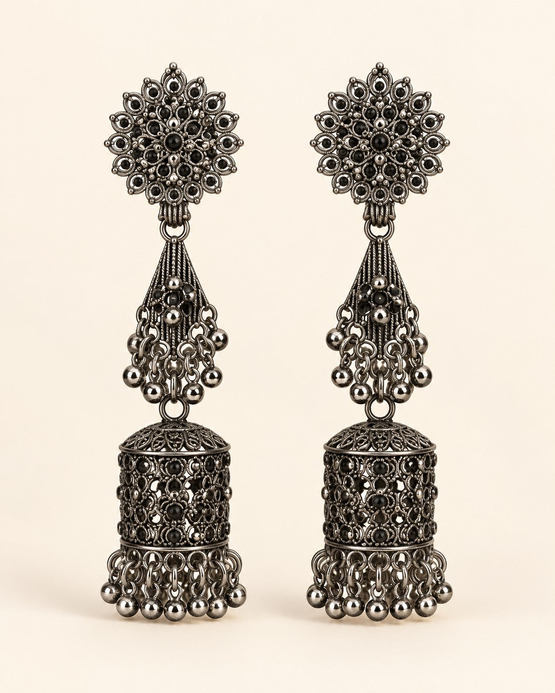 Royal Long Oxidised Jhumka Earrings - photo 1