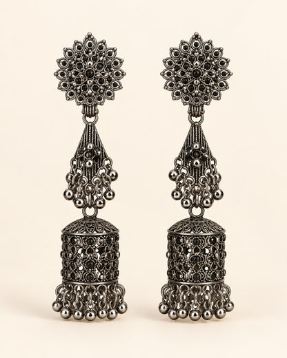 Royal Long Oxidised Jhumka Earrings - photo 1