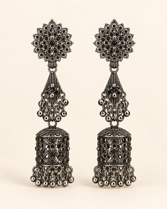 Royal Long Oxidised Jhumka Earrings - photo 1