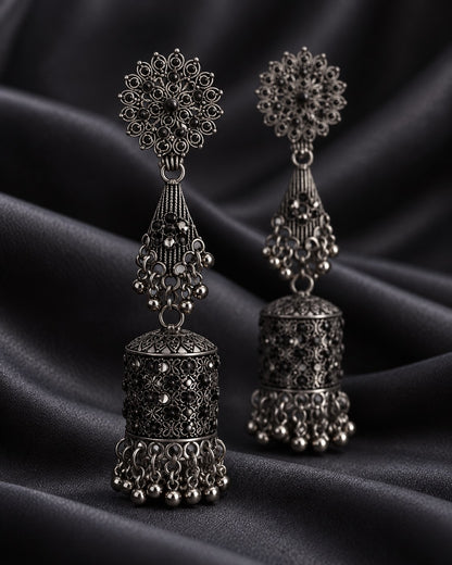Royal Long Oxidised Jhumka Earrings - photo 3
