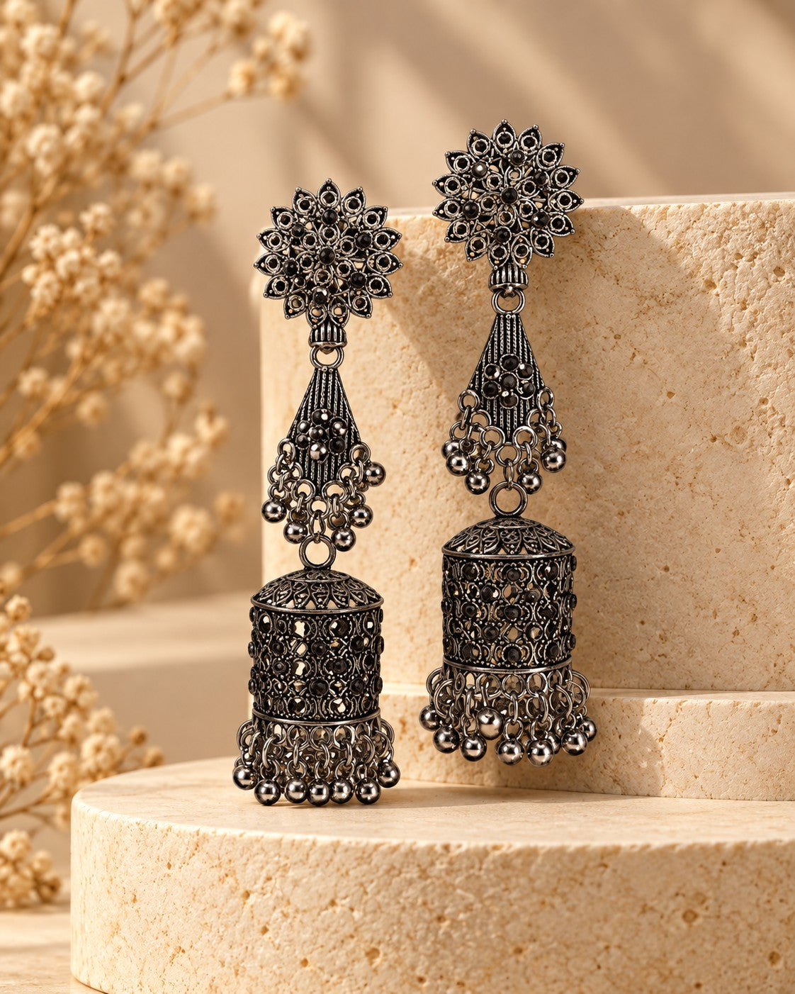 Royal Long Oxidised Jhumka Earrings - photo 4