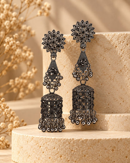 Royal Long Oxidised Jhumka Earrings - photo 4