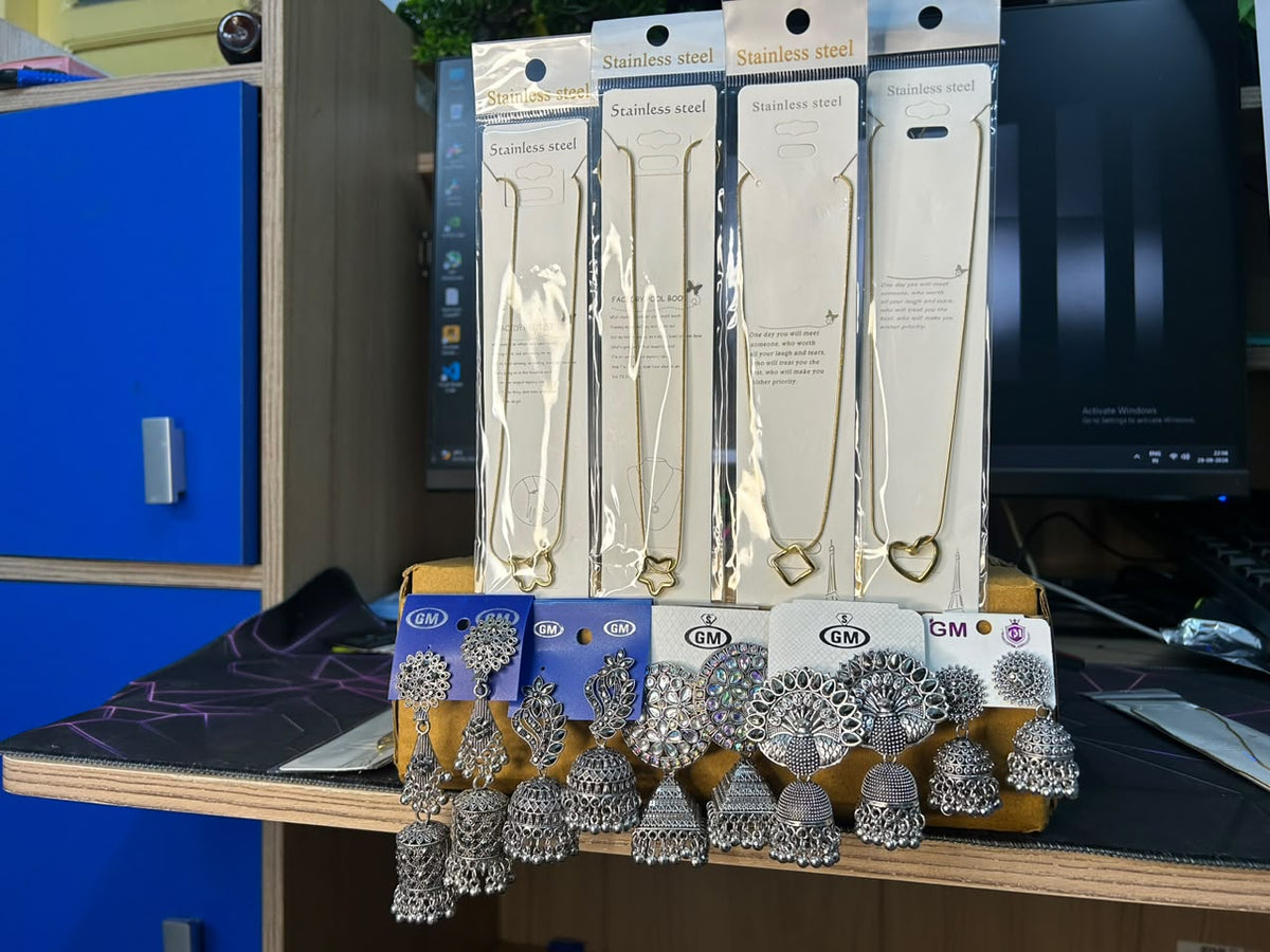 Jewellery Reseller Starter Kit – 22 Jhumka + 12 Pendants + Packing Material
